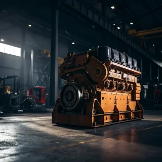 Large remanufactured diesel engine in workshop
